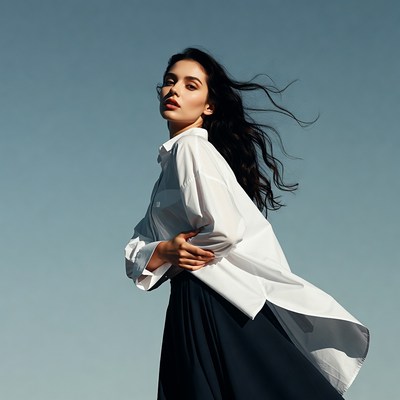 Woman in white shirt black skirt