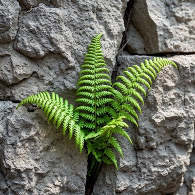 Green Fern Growing in Gray Rock Wall