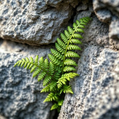 Green Fern Growing in Stone Wall Crack