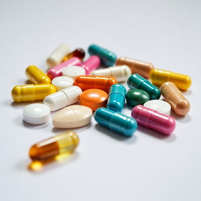Colorful pills scattered on white background
