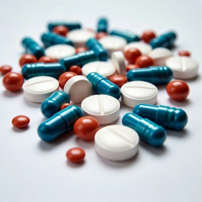Colorful pills scattered on white background