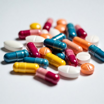 Colorful pills scattered on white background