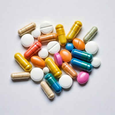 Colorful pills scattered on white background