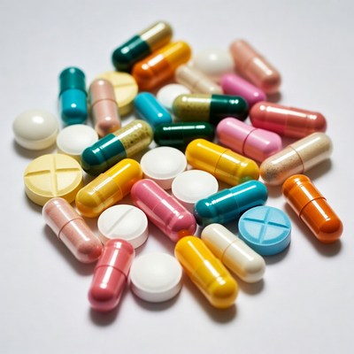 Colorful pills scattered on white background