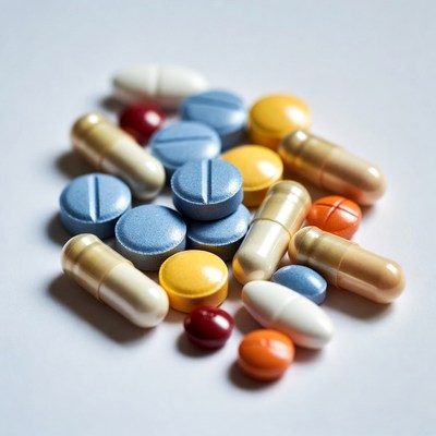 Colorful pills and capsules scattered