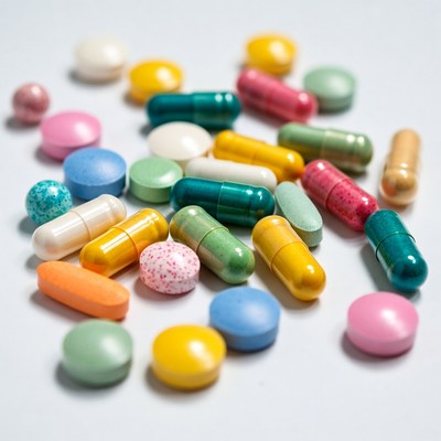 Colorful pills scattered on white background