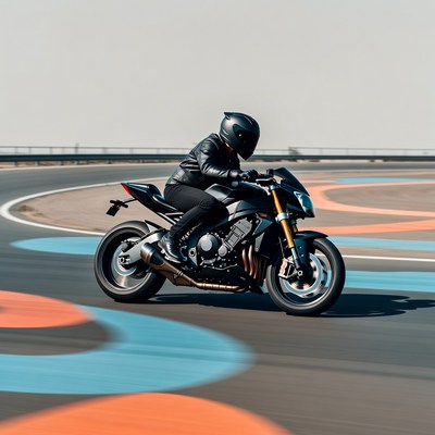 Man riding black sport motorcycle on racetrack