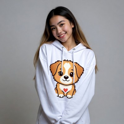 Asian girl in puppy hoodie smiling