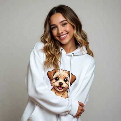 Smiling woman in white hoodie with puppy print
