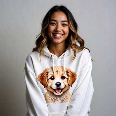 Asian woman in puppy hoodie smiling