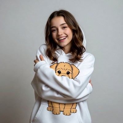 Girl smiling in puppy hoodie