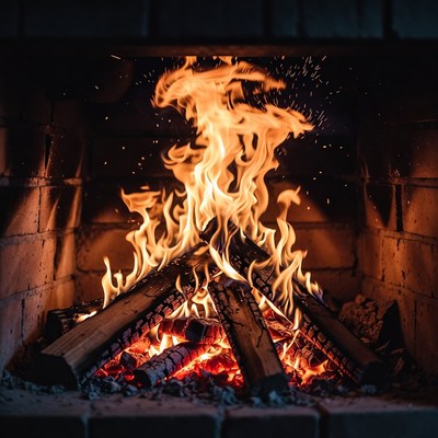 Blazing Fire in Brick Fireplace