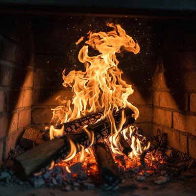 Burning Fire in Brick Fireplace