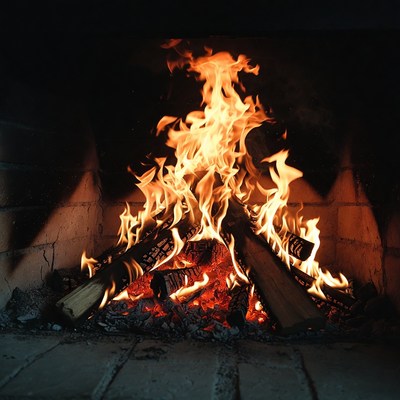 Blazing Fire in Stone Fireplace