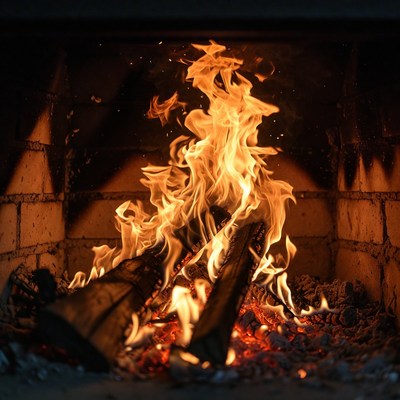 Burning Fire in Brick Fireplace