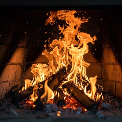 Burning Fire in Brick Fireplace