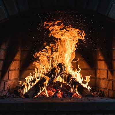 Blazing Fire in Stone Fireplace