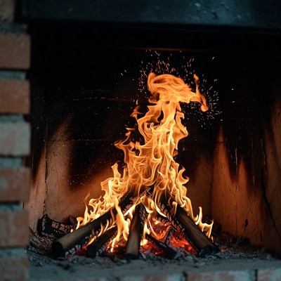 Blazing Fire in Brick Fireplace