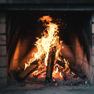 Blazing Fire in Brick Fireplace