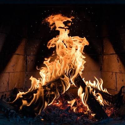 Blazing Fire in Stone Fireplace