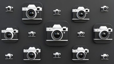 3D Camera Icons on Dark Background
