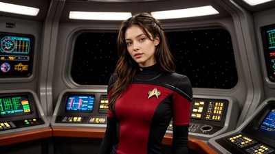 Woman in Star Trek red uniform on bridge