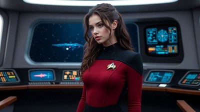 Star Trek woman on spaceship bridge