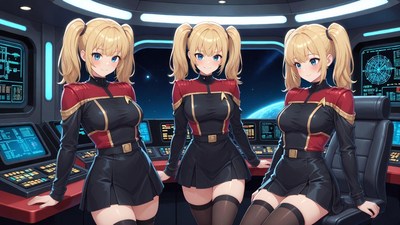 Three anime girls on spaceship bridge
