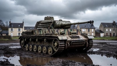 Panzer IV tank in muddy village