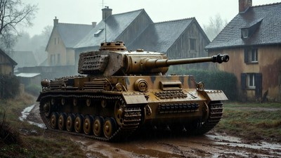 Tiger Tank on muddy village road
