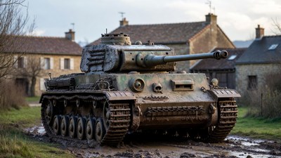 Panzer IV tank in muddy village