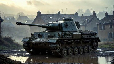 Panzer IV tank in muddy village street