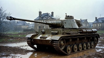 Panzer IV tank in muddy village
