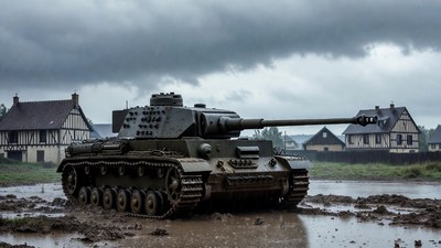 Tiger Tank in Mud Near Houses
