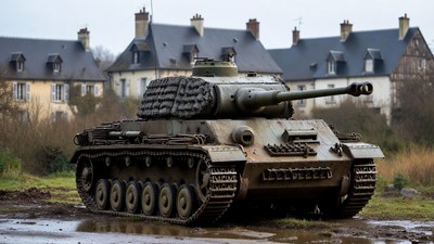 Tiger Tank Parked Near French Houses