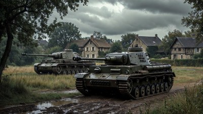 Two Panzer Tanks in Rural Village