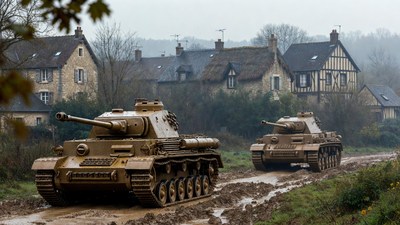 Panzer Tanks on Muddy Rural Road