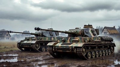 Two Camouflaged Tanks in Muddy Field