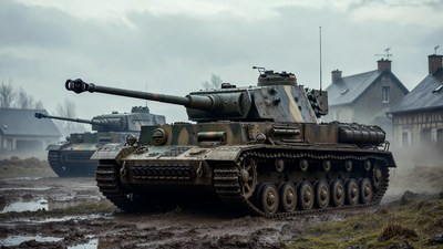 German Tiger Tanks in Muddy Village
