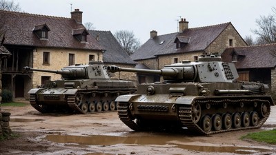 Two Panzer Tanks in French Village
