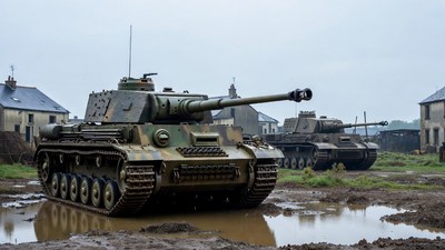 German Tiger Tanks in Muddy Village