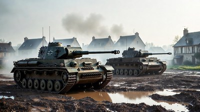 Panzer Tanks in Muddy Village