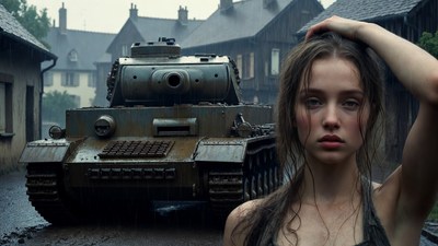 Woman standing before tank in rainy street