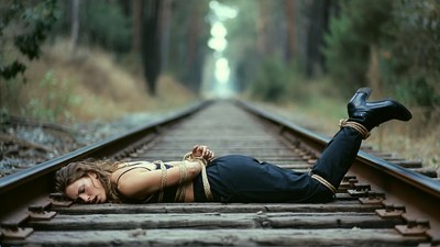 Bound woman lying on train tracks
