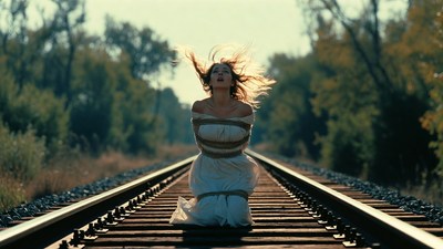 Blonde woman bound kneeling on train tracks