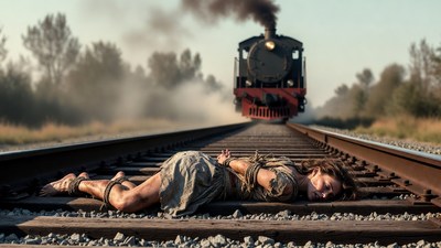 Bound woman on train tracks