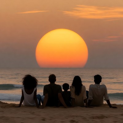 Family Silhouette Watching Sunset Beach