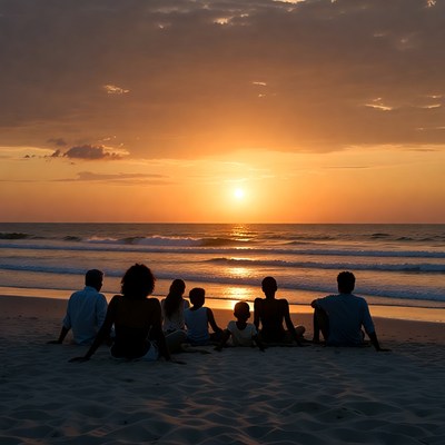 Silhouettes of family watching sunset beach
