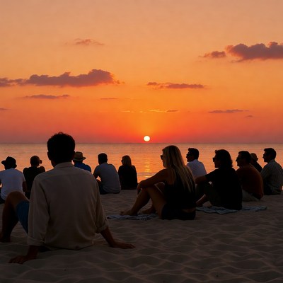 Group watching sunset on beach