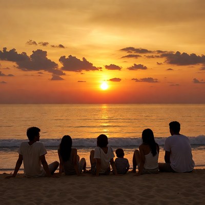 Family silhouette watching sunset beach